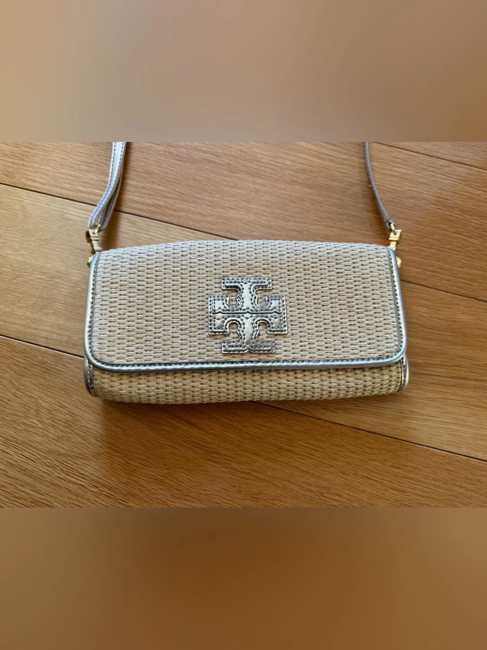 Tory Burch Cream Woven Crossbody with Silver Trim